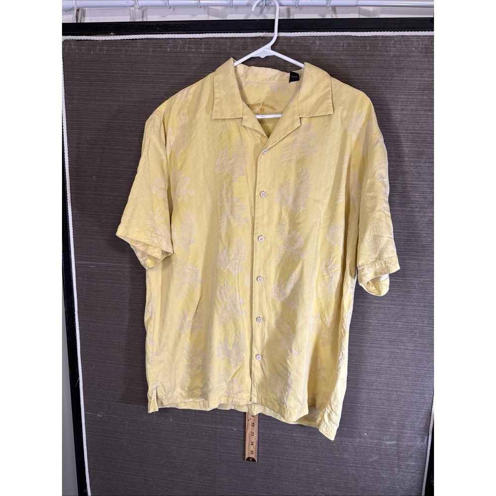 TOMMY BAHAMA Yellow Embroiled FLORAL Button Up Silk Hawaiian Shirt Men's Size L - Picture 1 of 8